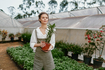 Young woman wearing an apron in a greenhouse, holding a potted plant, surrounded by greenery and...