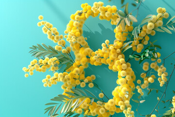 Obraz premium The number 8 intricately formed with bright yellow mimosa flowers, set against a soothing turquoise background with copy space, perfect for seasonal or decorative themes.
