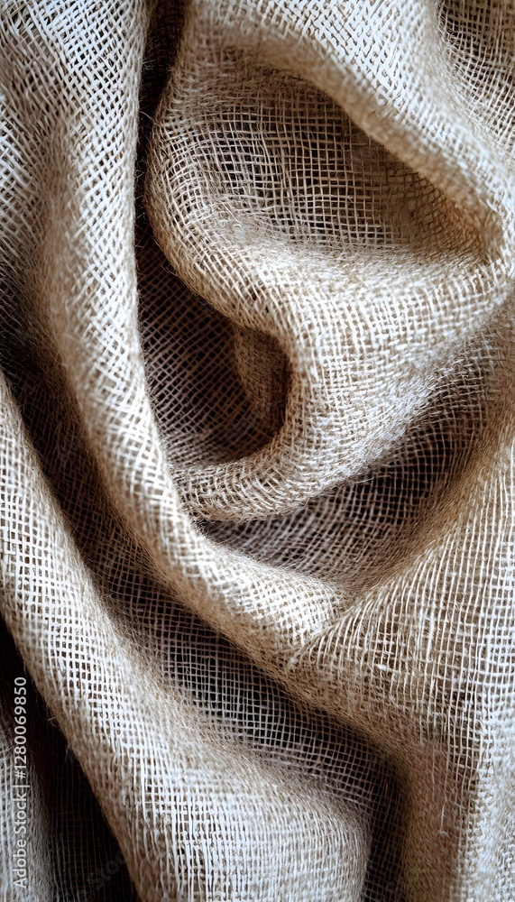 Poster a close up photograph of burlap cloth texture forming intricate patterns