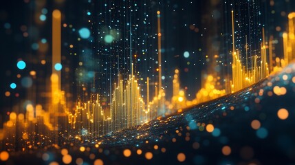 Golden data wave visualization, digital landscape, glowing particles, background for tech presentations