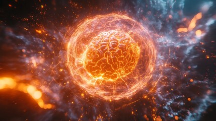 Obraz premium A radiant cybernetic brain with glowing neural connections, encircled by vibrant, pulsating quantum energy rings, surrounded by a cosmic field filled with luminous particles,