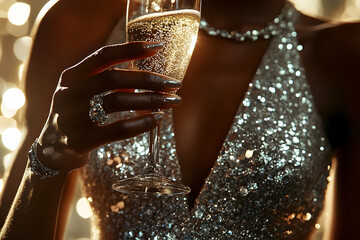 Elegant woman celebrating with champagne in a sparkling dress at party