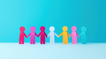 Colorful paper figures holding hands on a blue background representing unity, diversity, friendship, and teamwork in a cheerful and creative environment.
