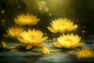 Elegant yellow water lilies illuminated by soft light creating a serene natural