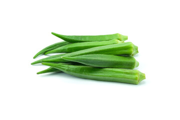 Group of fresh fruits of okra or Abelmoschus esculentus isolated on  white background stack closed up. Raw okra is rich source of dietary fiber and vitamin C and K.