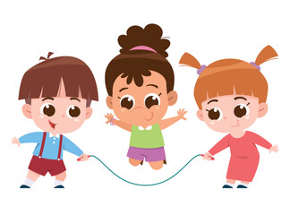 A fun and lively digital illustration of three happy children playing jump rope together.