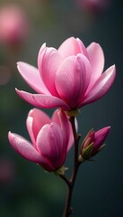 Fototapeta premium Close up of a magnolia flower stem with pink blooms in full bloom, springtime, vibrant