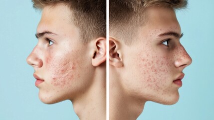 Obraz premium Portrait of a Young Male with Acne Showing Side Profile on a Light Blue Background, Before and After Clear Skin Treatment Comparison