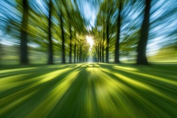 Sunlit tree-lined path, motion blur effect. Ideal for themes of progress, nature, and speed.