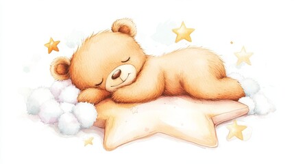 Peaceful Slumber of a Bear on a Star Pillow Surrounded by Stars and Cotton Puff Clouds 