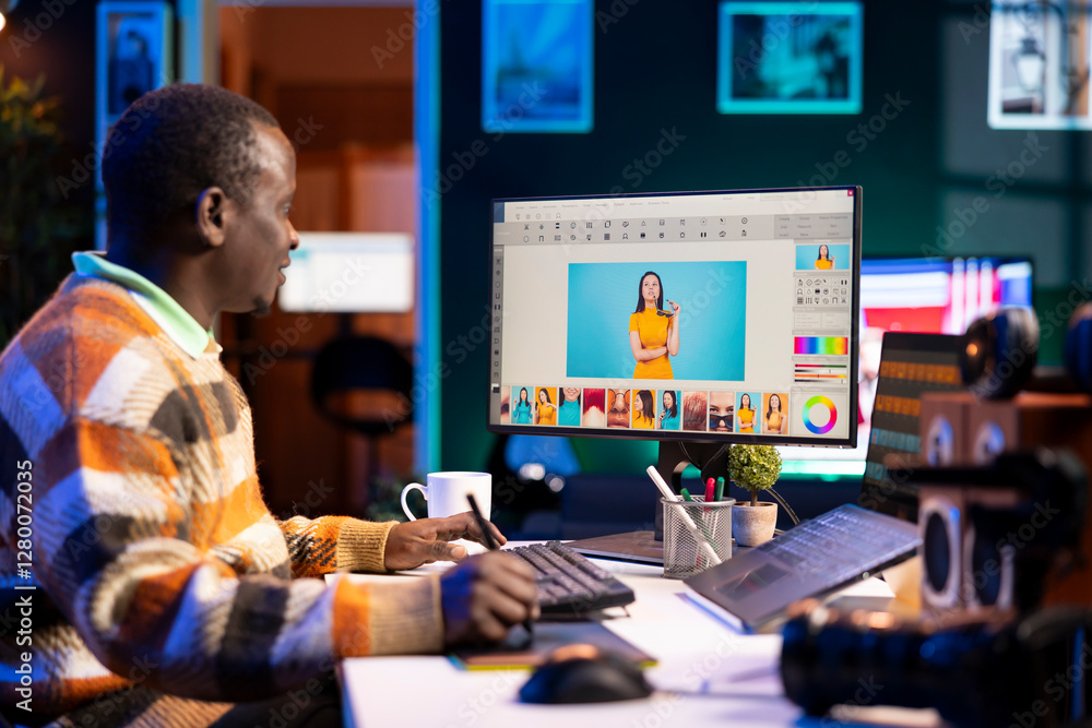 Poster skilled male designer using editing software on dual monitors in organized modern workspace, symboli