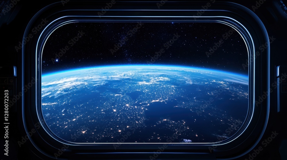 Poster stunning view of earth from space through a futuristic window with stars and cities illuminated belo