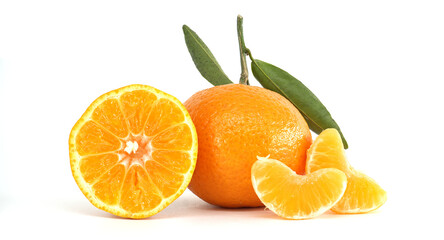 Fresh Oranges with a Slice and Segments on White Background