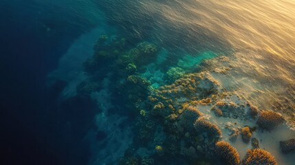 Fototapeta premium Aerial view of vibrant coral reef at sunset.
