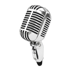 Fototapeta premium A microphone with a silver color and a black and white design. The microphone is placed on a white background