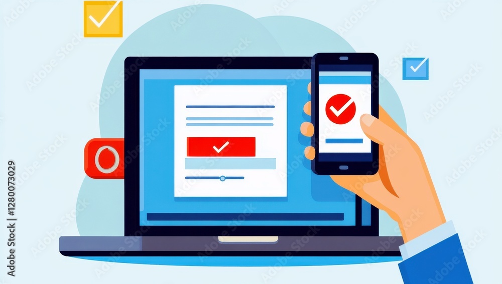 Poster hand holding smartphone with checkmark and laptop on desk showing form submission and confirmation i