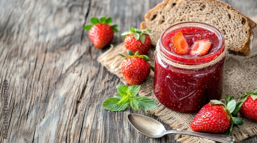 Poster fresh strawberry jam in a jar surrounded by strawberries and bread on a rustic wooden table with min
