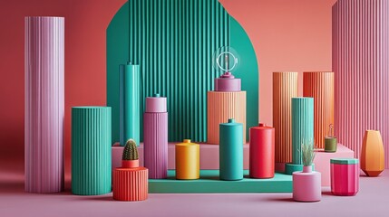 Obraz premium Colorful geometric display of decorative objects in a vibrant studio setting with plants