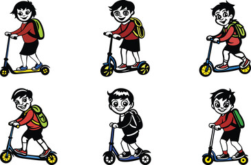 A Cute colorful boy or children riding a scooter vector illustration design set