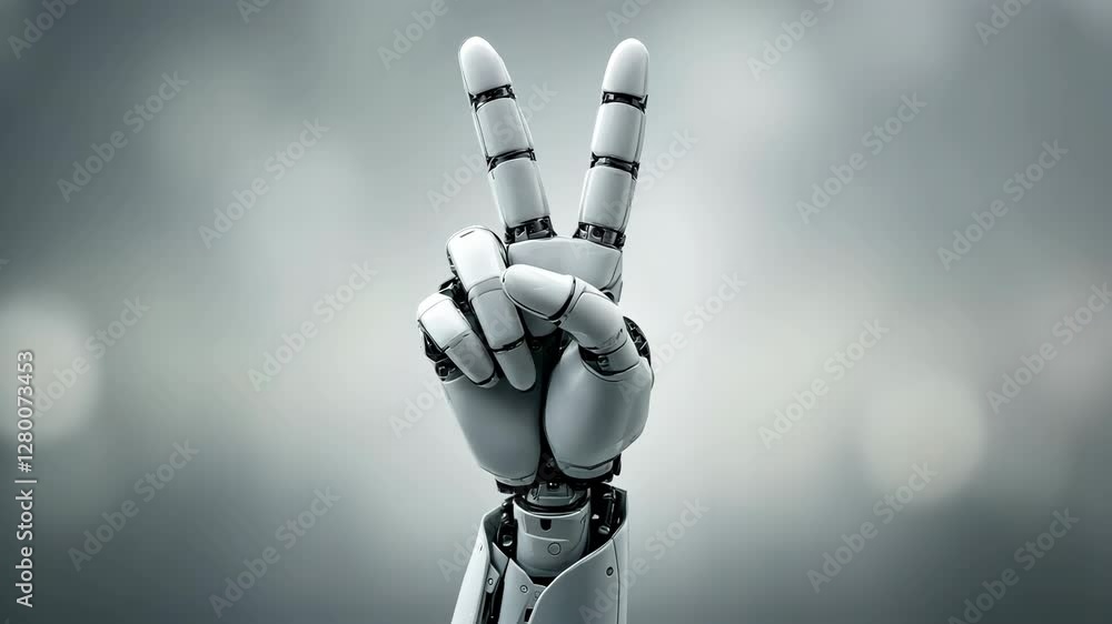 Poster robotic hand peace gesture evolution in futuristic setting with smooth transitions