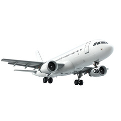 Fototapeta premium A white airplane is taking off from the runway. The plane is large and has two engines. Concept of excitement and adventure, as the airplane is about to embark on a journey