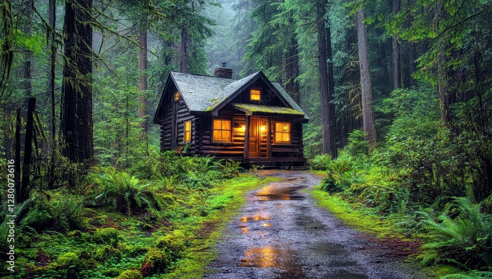 Aufkleber cozy log cabin surrounded by tall trees and lush greenery in misty forest scene with warm light from
