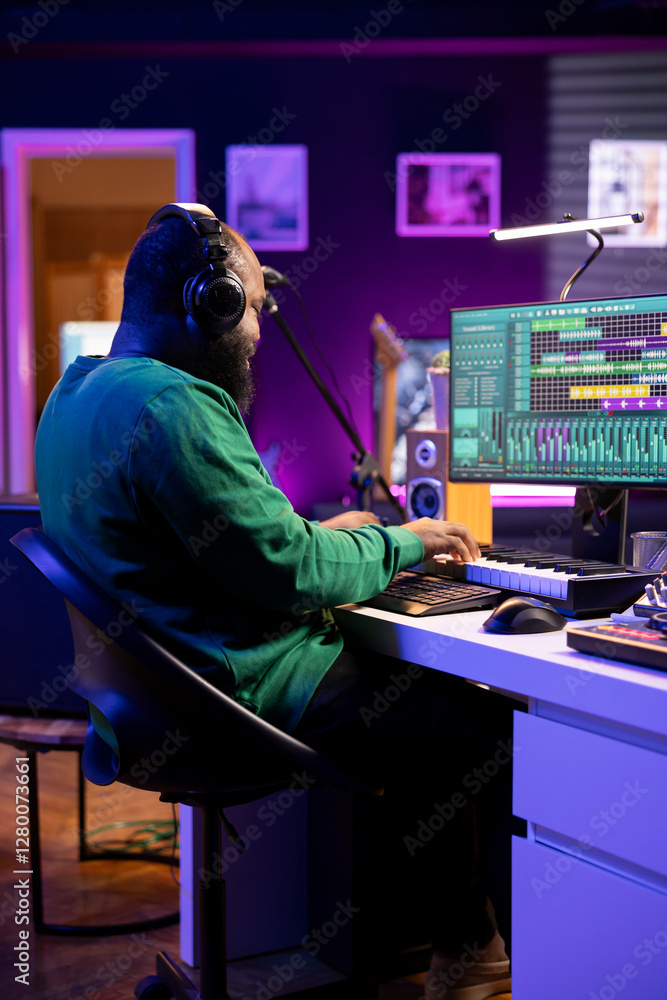 Leinwandbilder music composer plays electronic keyboard piano keys and recording new tracks, creating audio recordi