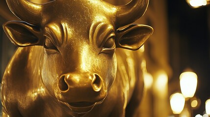 Golden bull statue, city night, finance, prosperity