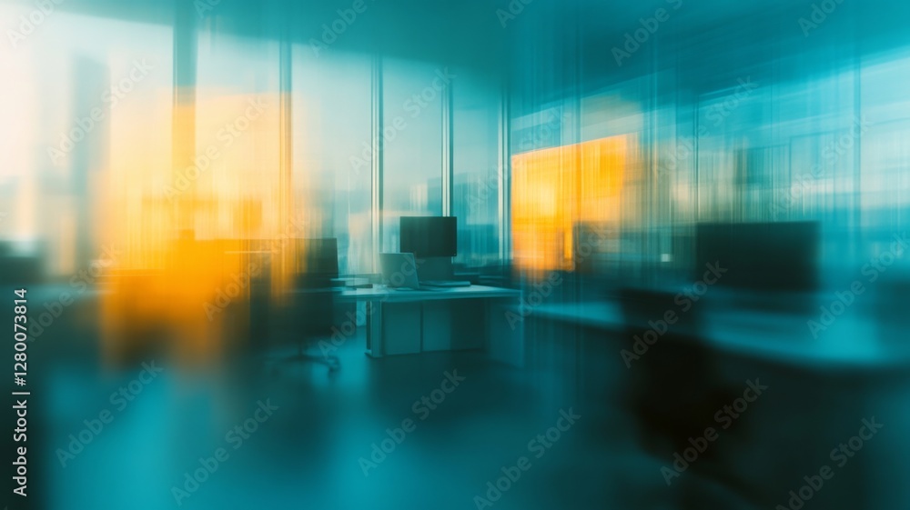 Poster blurred view of a modern office space during late afternoon with bright sunlight filtering through l
