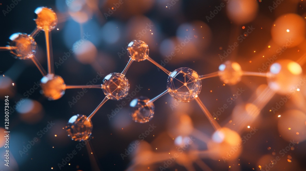 Poster molecular structure in dynamic arrangement showcasing intricate connections under vibrant lighting c