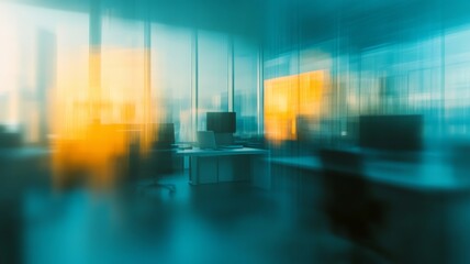 Blurred view of a modern office space during late afternoon with bright sunlight filtering through large windows