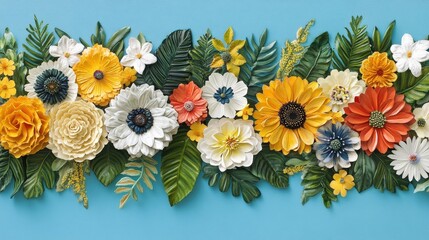 Decorative floral border arrangement on blue background exquisite handmade flowers delicate paper blossoms colorful blooms botanical adornment