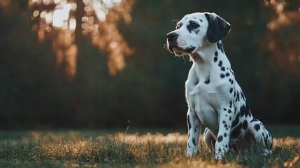 Dalmatian puppy sits, sunset forest, grassy field