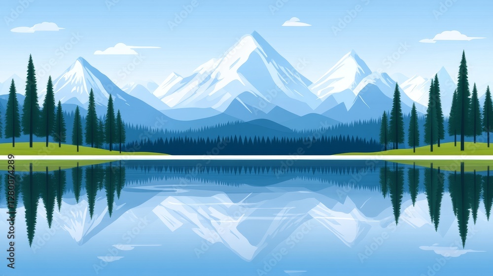 Poster pixelated mountain range reflecting in serene lake water perfect for a calm nature background or a d