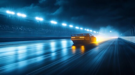 Fototapeta premium Drag racing car tearing down a smooth track under floodlights. Featuring precision and intensity
