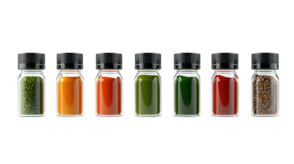 Colorful array of glass bottles filled with vibrant liquids, showcasing a spectrum of hues.