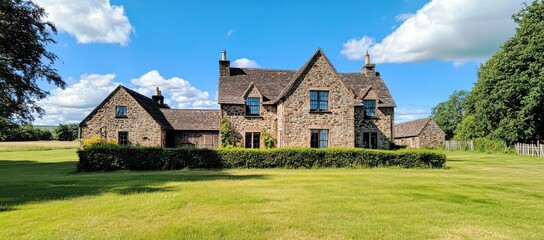 Obraz premium Charming stone house situated on lush green lawn under a bright blue sky with scattered fluffy clouds in a serene rural setting