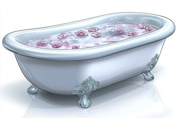 Naklejka premium A vintage bathtub filled with water and floating pink flowers, offering a serene and relaxing ambiance.