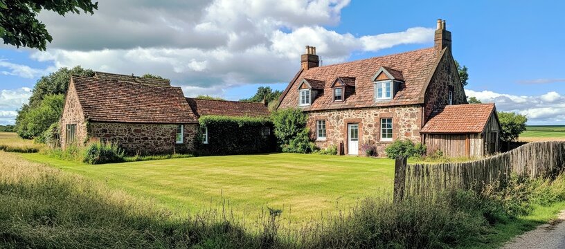 Charming Rustic Stone House Surrounded by Lush Greenery and Clear Blue Sky in Peaceful Countryside Setting, Ideal for Nature Lovers and Tranquility Seekers