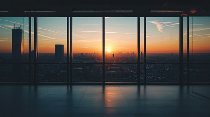 Fototapeta premium Stunning sunset cityscape view from a modern skyscraper.