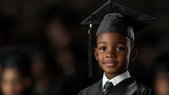 Charming young boy in graduation cap and gown smiling proudly at a graduation ceremony surrounded by blurred classmates in the background