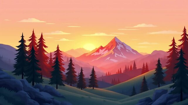 Beautiful animated sunset in mountains with trees and warm colors