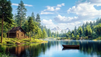 Fototapeta premium Charming log cabin beside tranquil lake surrounded by lush green trees and majestic mountains under a bright blue sky with white fluffy clouds