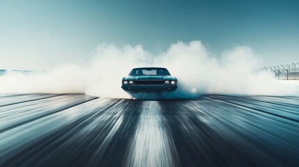 Fototapeta premium Drag racing car tearing down a track with streaks of smoke. Featuring action and power