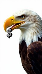 Obraz premium Close-up of eagle carrying dollar sign in beak against white background, power, freedom, wealth