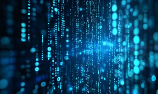 Blue digital binary code background with glowing lights and bokeh effect, creating an atmosphere of futuristic technology and data science.