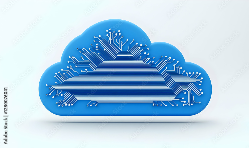 Poster digital blue cloud symbol intertwined with a circuit pattern, representing modern technology and clo
