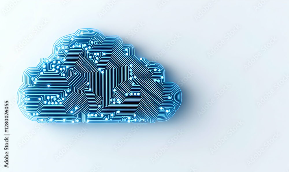 Poster digital cloud icon in vibrant blue, integrated with intricate circuit patterns, symbolizing technolo