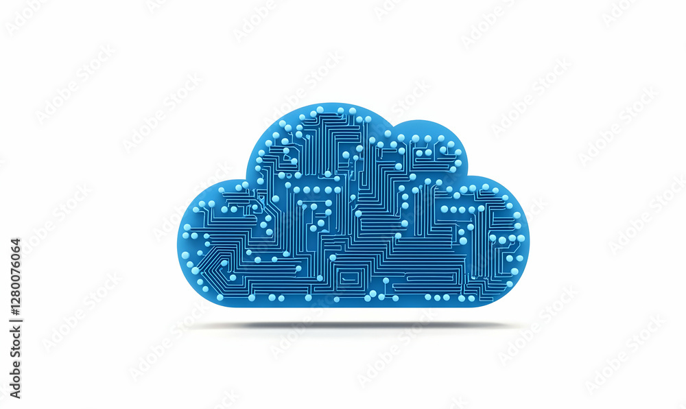 Poster blue cloud icon integrated with digital circuit patterns, symbolizing advanced technology and connec