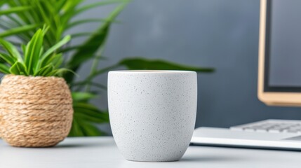 Minimalist White Ceramic Pot with Speckled Texture on a Desk with Green Plant Background, Ideal for Home Office Decor and Modern Aesthetic